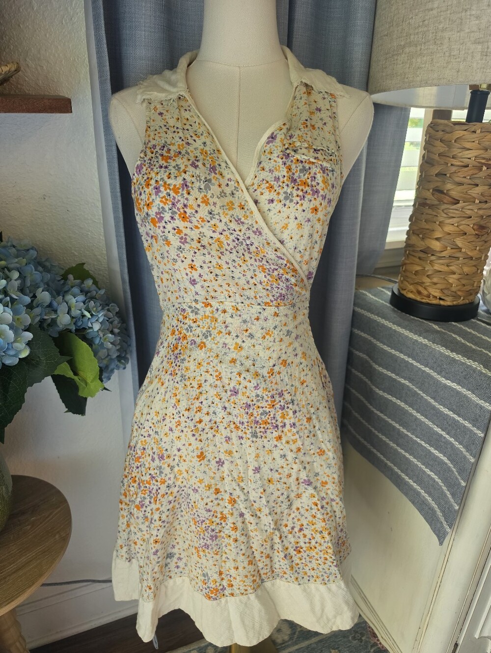 Sleeveless Floral Wrap Dress - Cream with Orange & Purple Floral